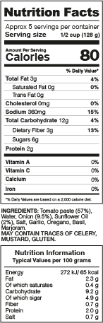 Traditional Pizza Sauce Nutrition Facts